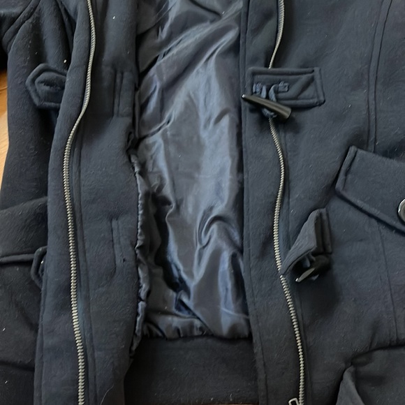 NWOT Navy Blue Preppy Pea Coat Toggle Buttons Jacket with Faux Fur Hood - Picture 6 of 10